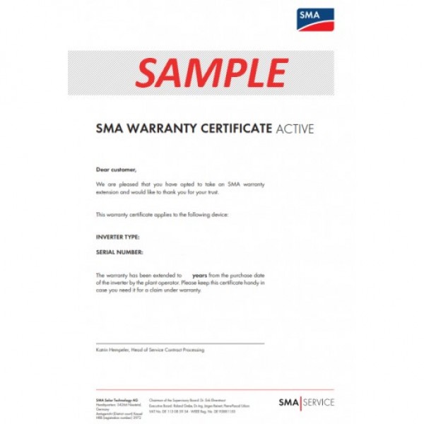 SMA Warranty Extension ACTIVE From 5 to 10 years